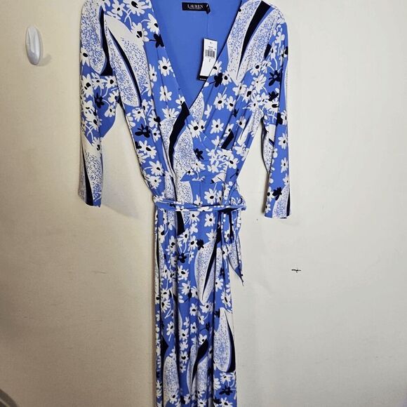 Ralph Lauren Floral Surplice Jersey Dress NWT Women's Blue/Cream Size 8 - Picture 7 of 7